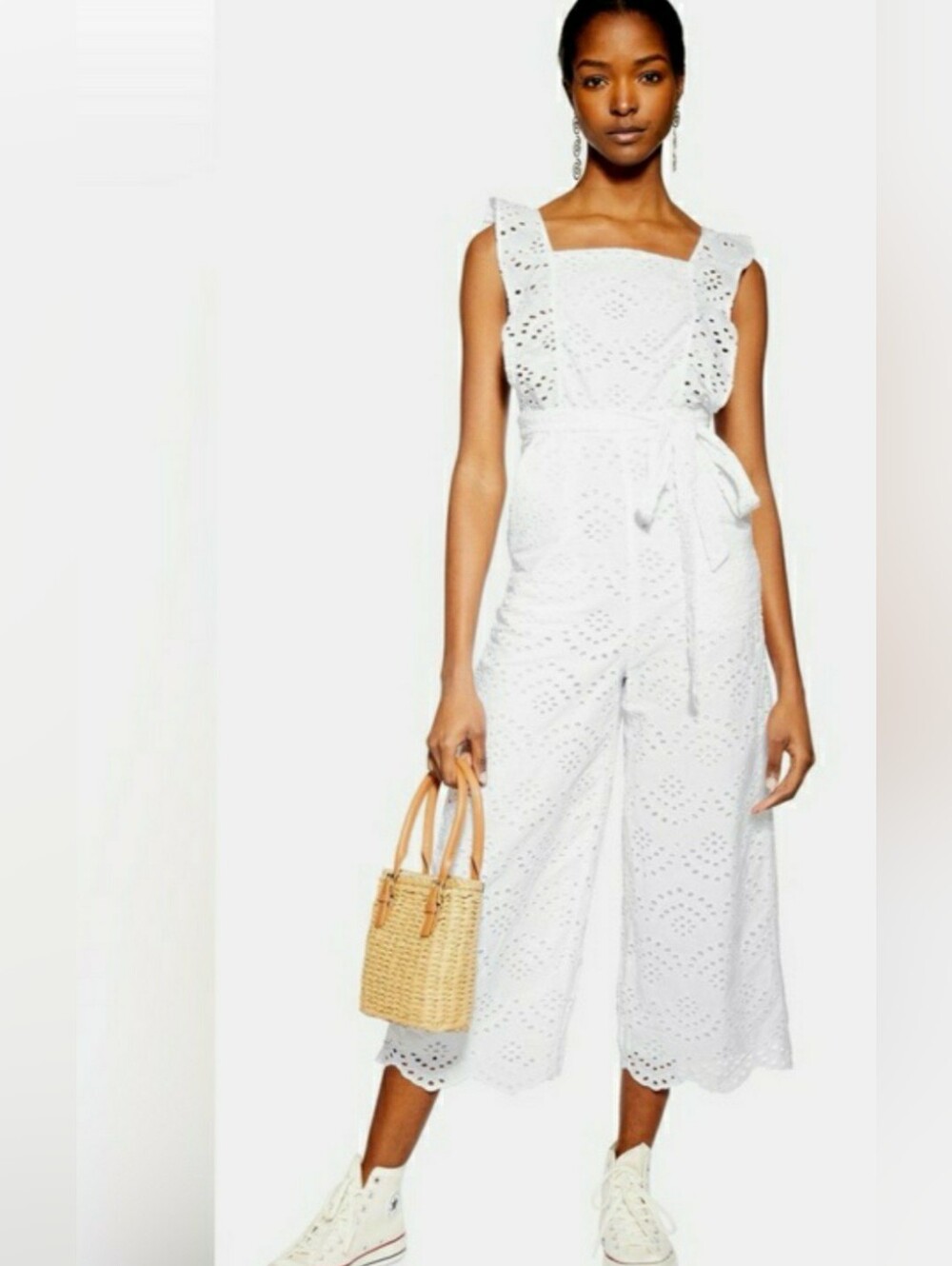 Topshop White Eyelet One-Piece Romper with Flutter Straps and Tie Waist